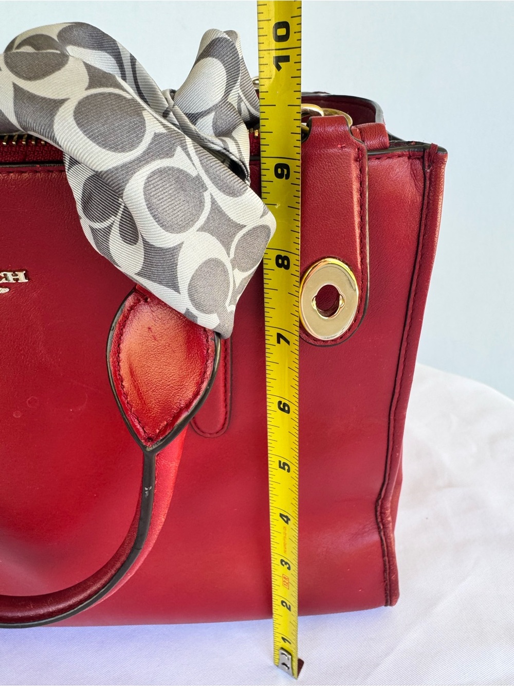 Coach Red Leather Tote with Signature Scarf and Gold Hardware - Picture 14 of 16